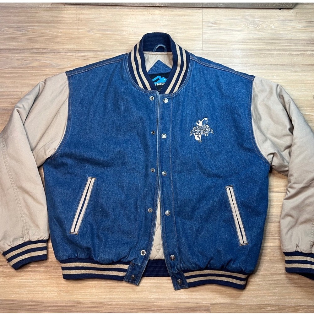 Tri-Mountain Mens Varsity Jacket Ramona Rodeo Denim Quilted Blue Large